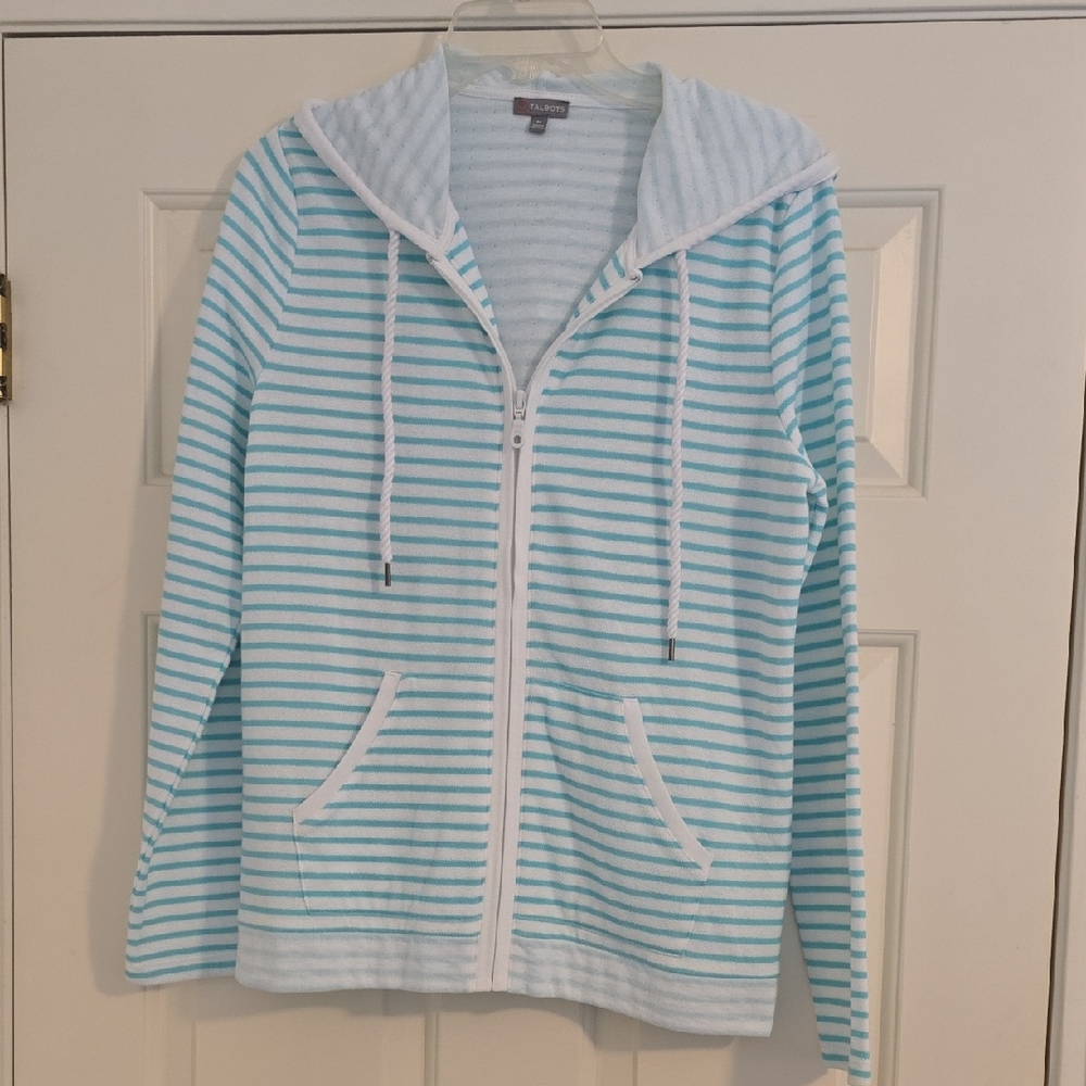 Talbots Light Green and White Striped Hoodie Size M